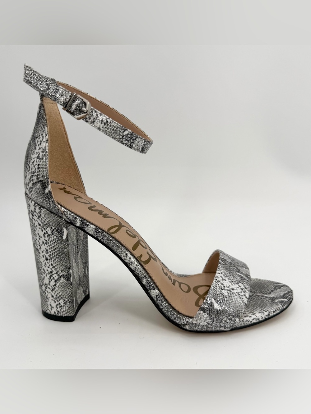Sam Edelman Sandals Womens 7.5 M Silver Snake Print YARO Ankle Strap Block Heels